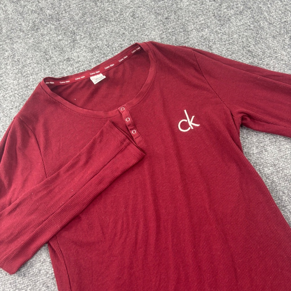 Calvin‎ Klein Henley Top Small Red Ribbed Knit Long Sleeve Womens